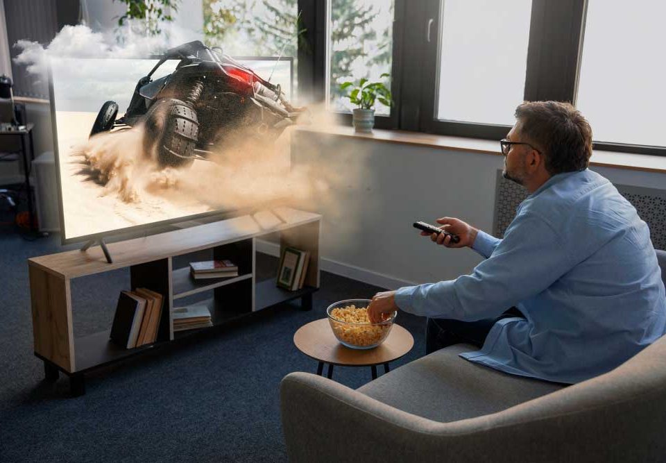 مردی نشسته روی مبل در حال تماشای تبلیغات تلویزیونی از تلویزیون